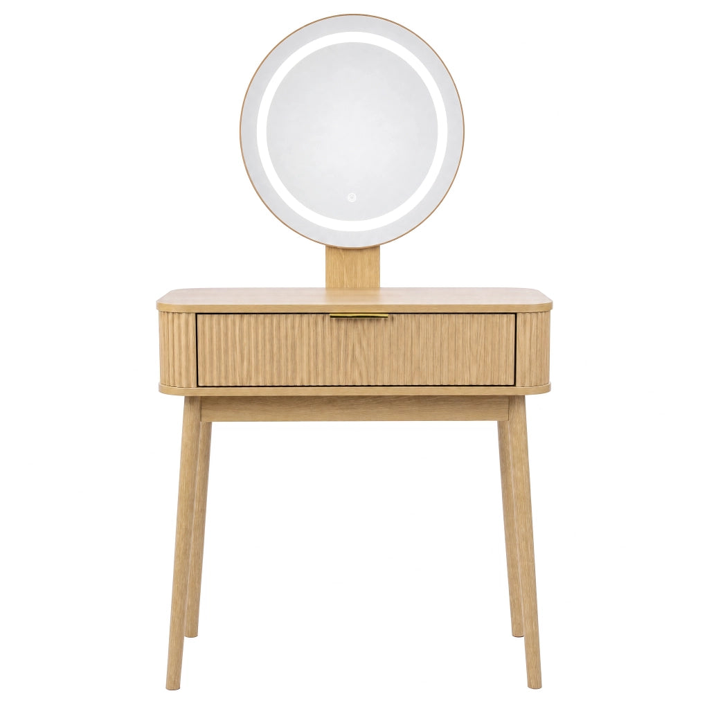 Toeletta con specchio LED a 3 luci e cassetti capienti, 80x40x133 cm, colore rovere