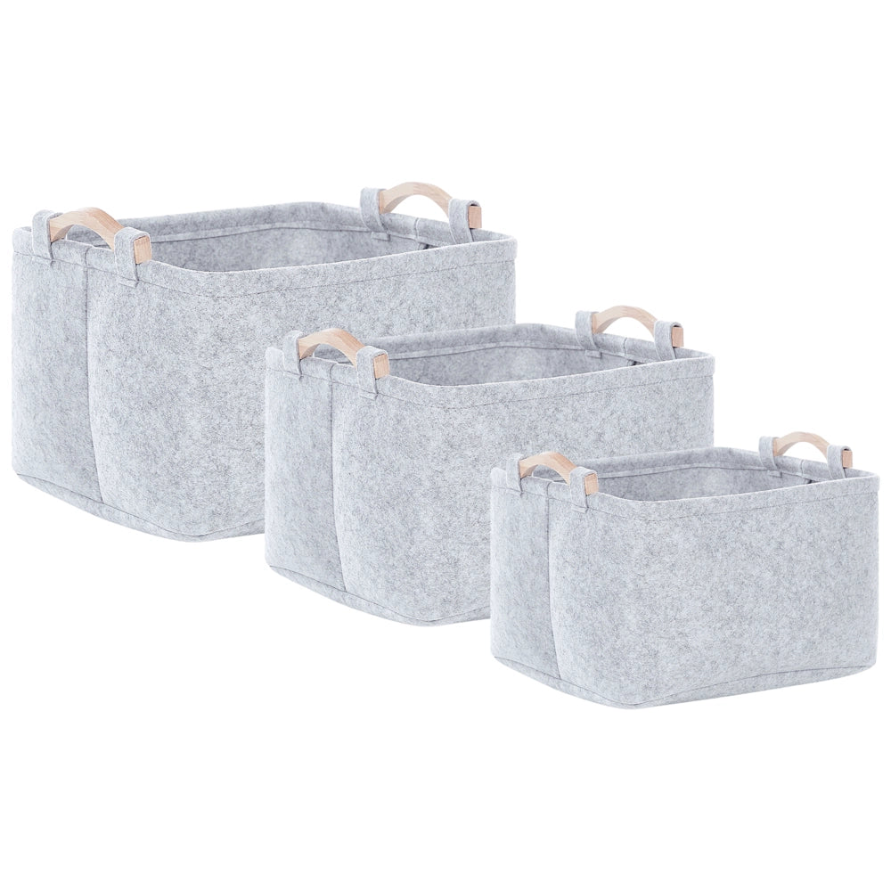 Set di 3 ceste portaoggetti in feltro grigio fatti a mano con manici in legno, scaffale di design scandinavo