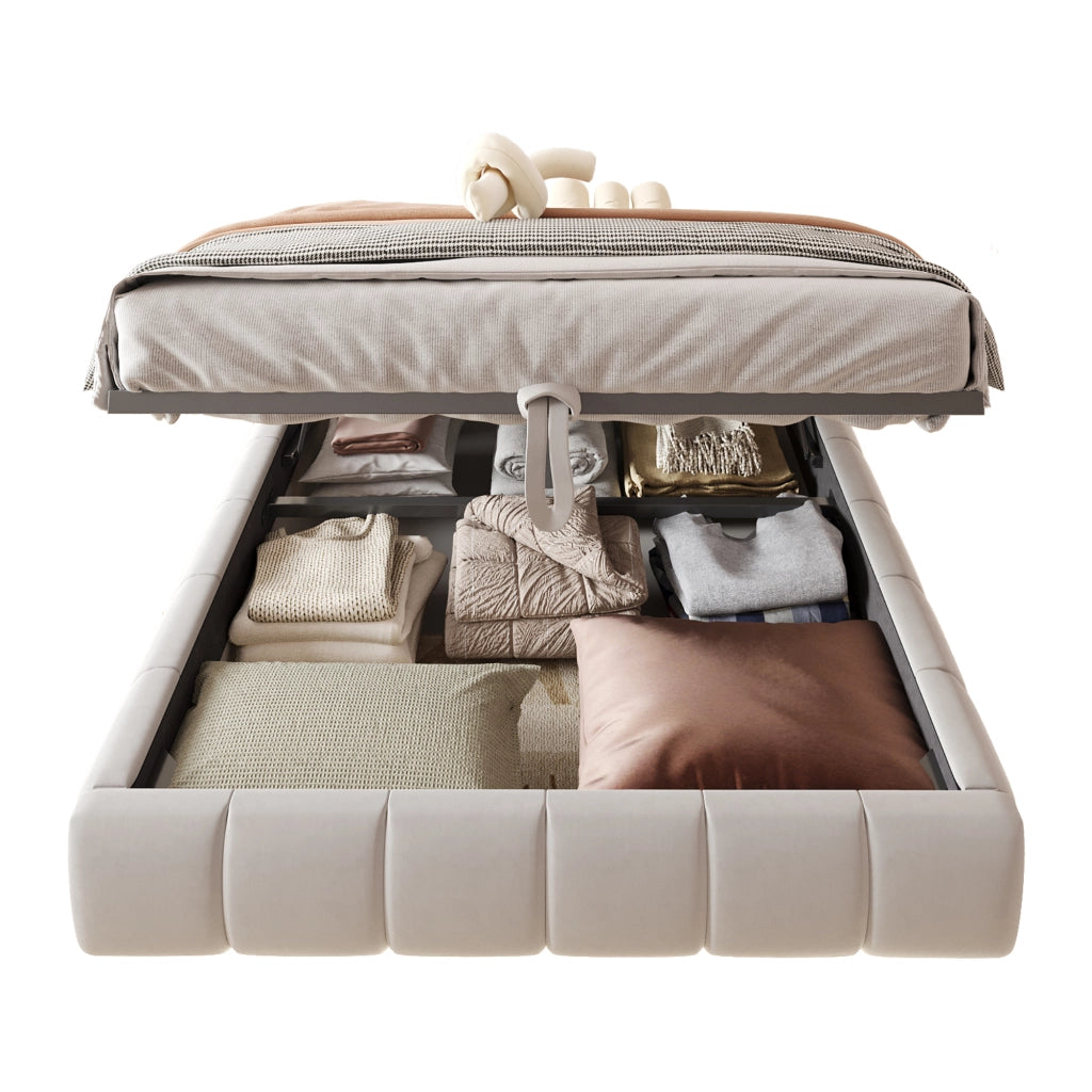 Letto imbottito 140 x 200 cm con struttura idraulica, luce LED bianca, contenitore salvaspazio, senza testiera, beige
