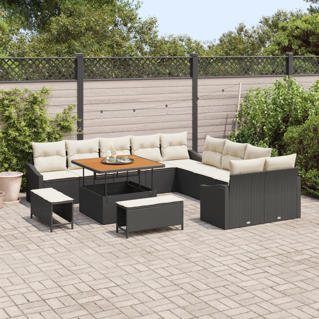 Set divano giardino con 13 pezzi e cuscini in polyrattan nero e acacia