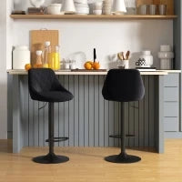 Set di 2 Sgabelli da Bar, Sgabello Girevole Regolabile in Altezza, con Poggiapiedi, Schienale, Sgabello da Bancone, Velluto, Metallo, 46 x 48 x 83-104 cm, Nero