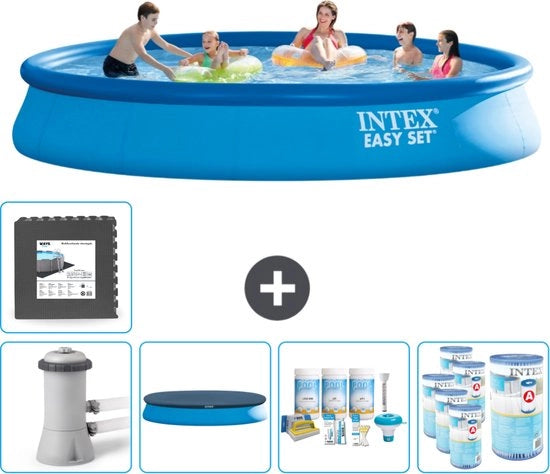 Piscina Rond Opblaasbar Easy Set - 457 x 84 cm - Blu - Inclusa Pompa Copertura - Kit Manutenzione - Filtro - Pavimento in Pietra