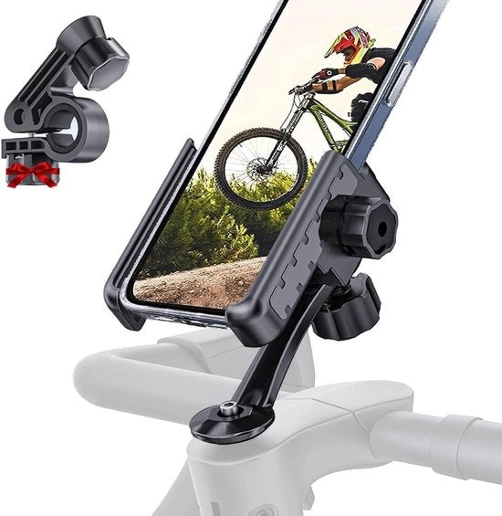 Supporto smartphone universale per motocicletta e scooter con chiusura rapida e rotazione 360° del manubrio.