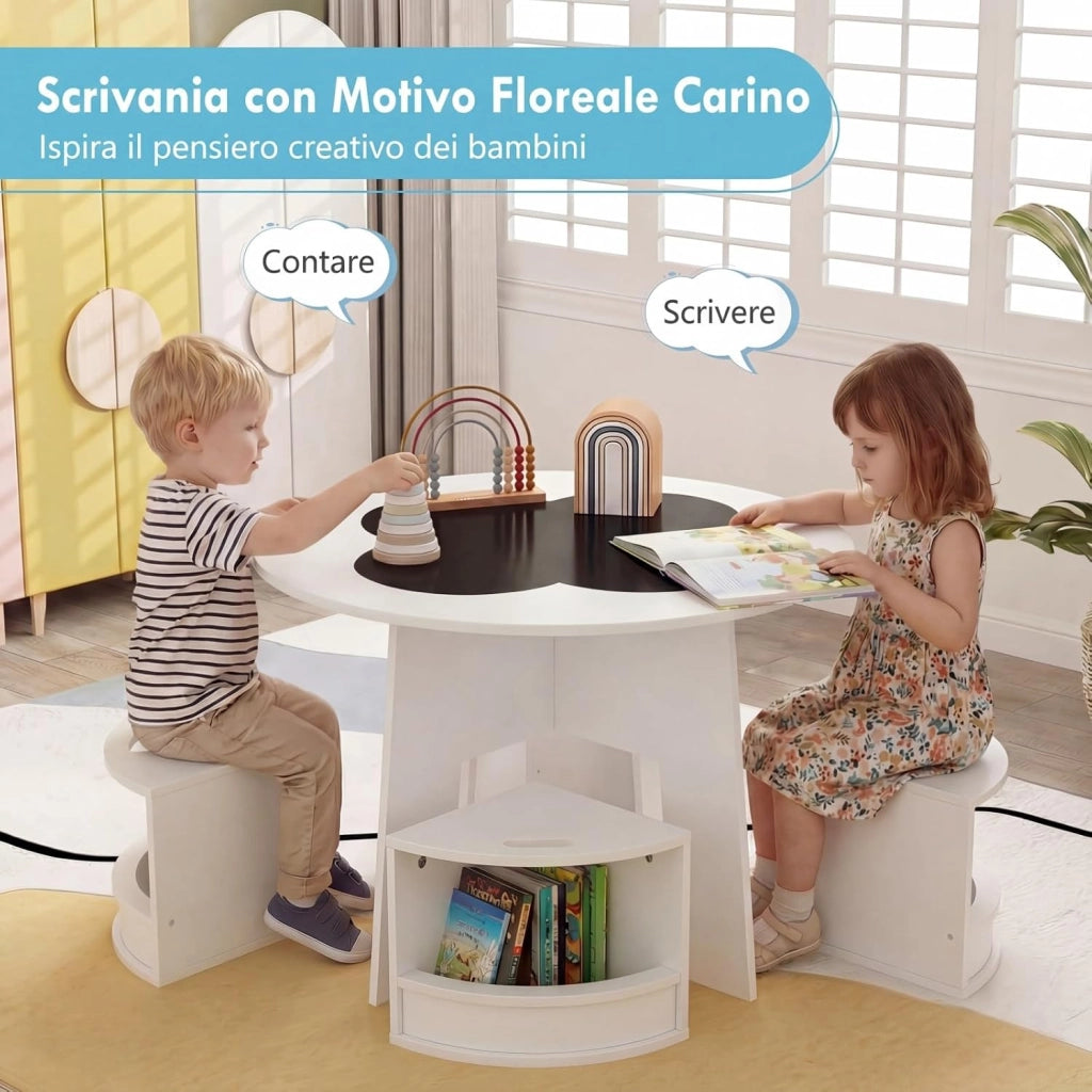 2 in 1 Set Tavolo Rotondo e 4 Sedie per Bambini 3+ Anni (Bianco) | Set Tavolo in Legno Salvaspazio e Sedie con Portaoggetti per Cameretta Ragazzi e Scuola