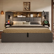 LETTO Contenitore 180x200 cm Grigio in Lino con luci e comodini integrati