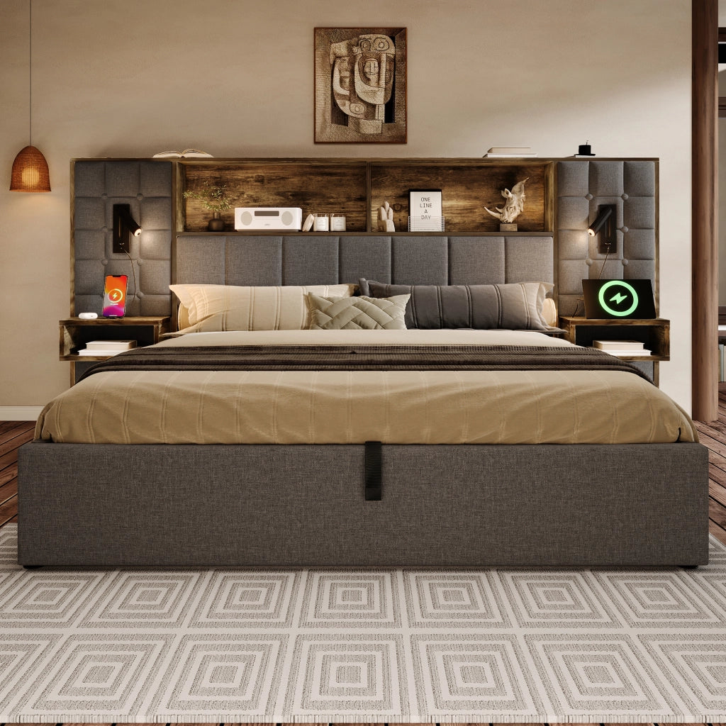 LETTO Contenitore 180x200 cm Grigio in Lino con luci e comodini integrati