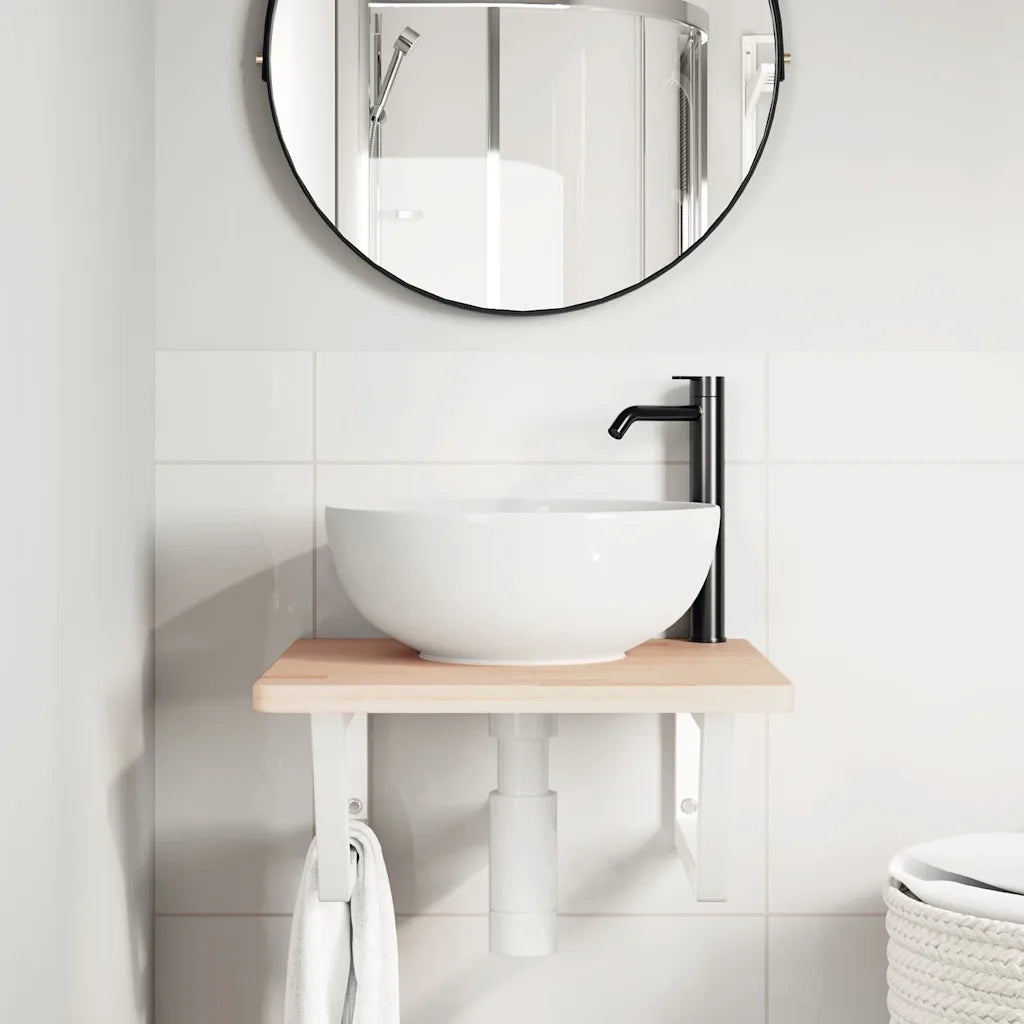 Ripiano a Parete per Lavabo in Acciaio e Massello di Rovere