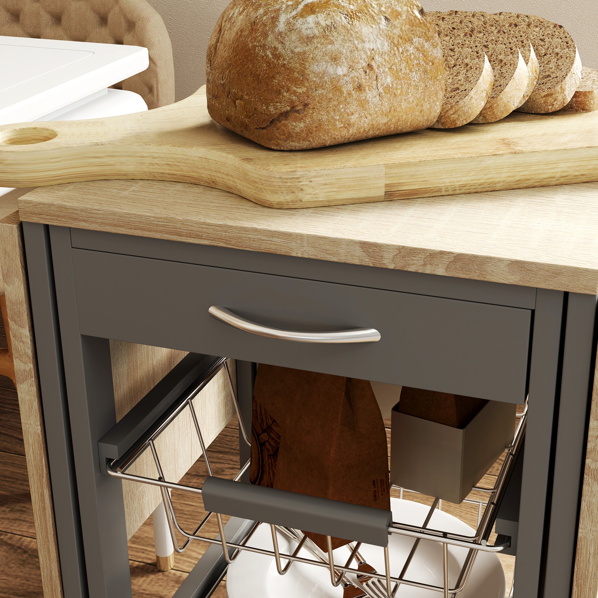 Carrello da Cucina 37x37x77,5 cm con 3 Cestini e 2 Ribalte in Legno e Metallo Grigio e Rovere