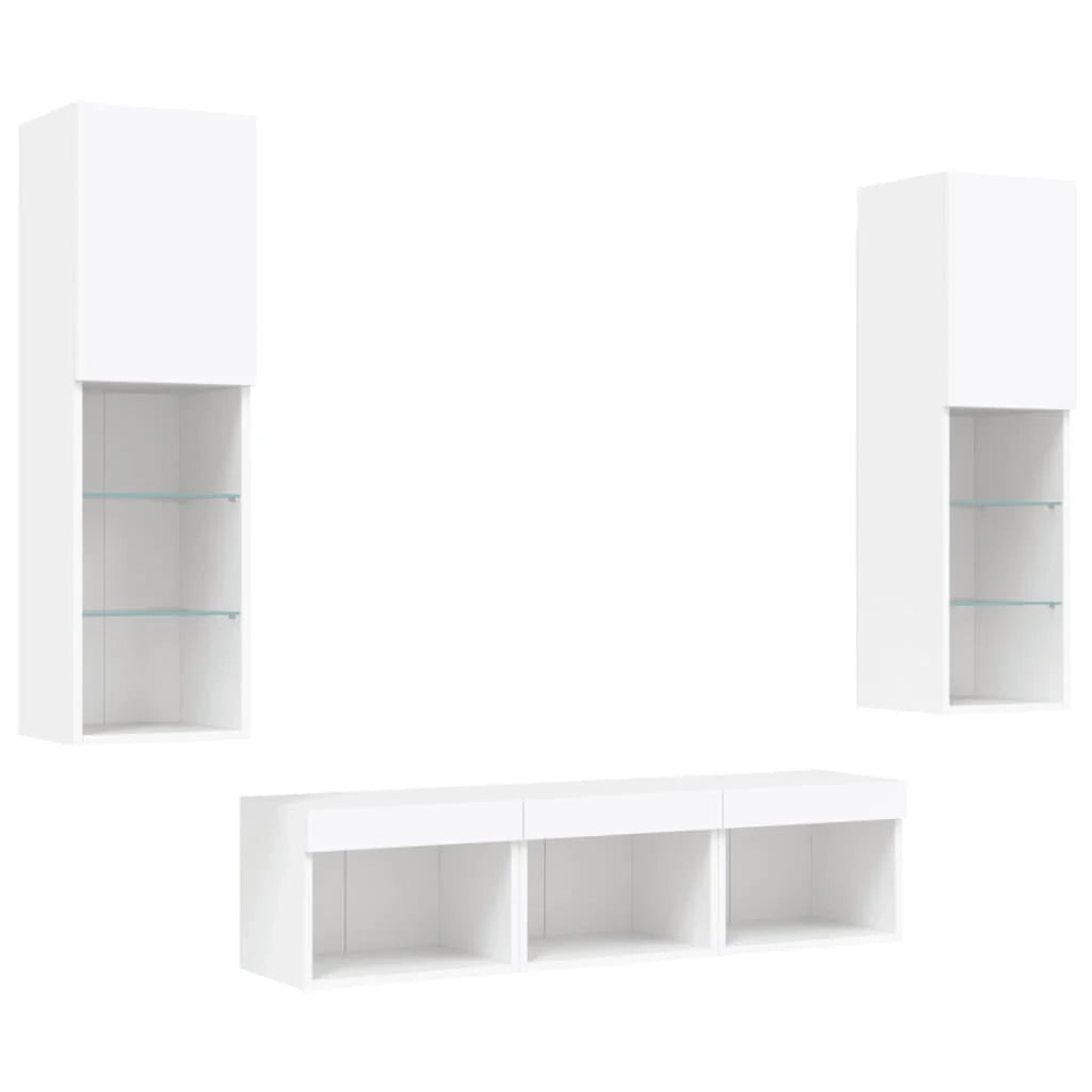 Mobile TV multimediale scaffale TV credenza mobile TV sala da pranzo soggiorno camera da letto con illuminazione a LED 5 pezzi legno ingegnerizzato bianco 02_0029380