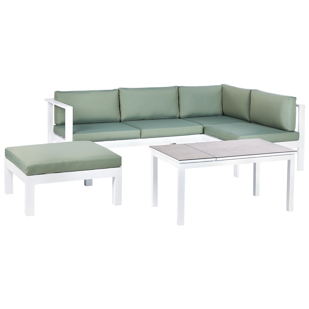 Set da giardino divano 5 posti e tavolo elevabile con struttura bianca e piano in vetro e cuscini bianchi e verdi stile moderno scandinavo