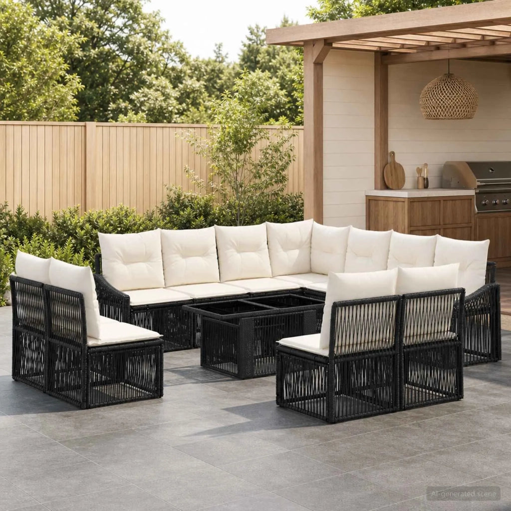 Set Divano da Giardino 12 pz Nero e Bianco Crema polyrattan 3437266