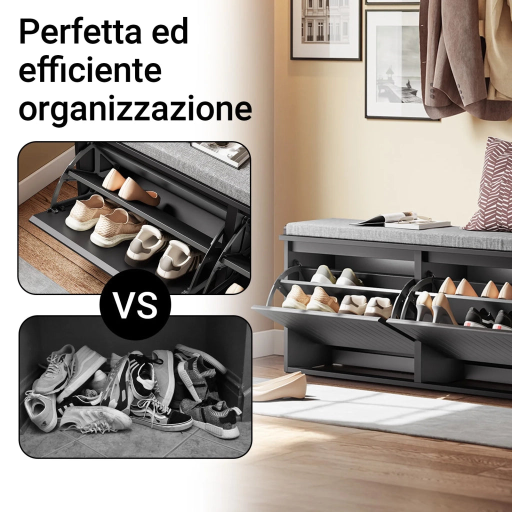 SoBuy Panca Scarpiera da Ingresso - Scarpiera Salvaspazio Slim in Legno, Panca Contenitore per 8-10 Paia di Scarpe, 158kg di Carico, Nero, 100x26x46cm, FSR98-XL-SCH