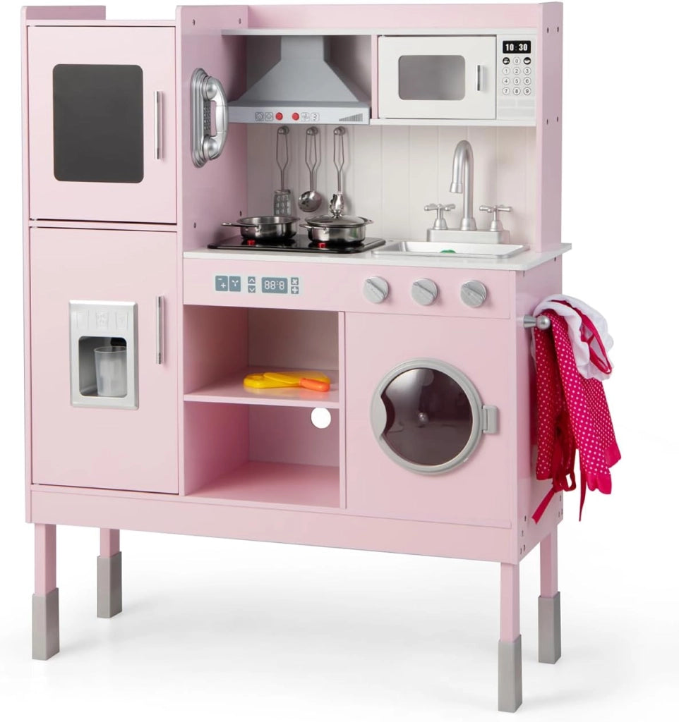Cucina Giocattolo per Bambini, Cucina Legno per Bambini con Macchina del Ghiaccio, Telefono, Lavatrice, Microonde, Altezza Regolabile, Funzione Luci e Suoni, per 3+ Anni (Rosa)