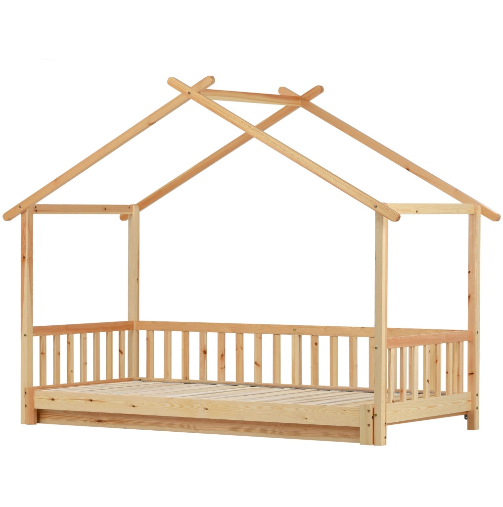 Letto casetta estensibile 208x182x170 cm; legno massello naturale