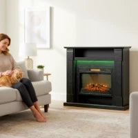 Camino Elettrico 1800W Regolabile con Fiamma 3D, Ripiano, Timer e Telecomando, 105x27x97 cm, Nero
