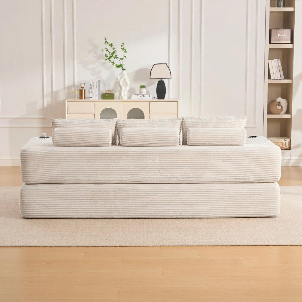 Divano letto modulare in corda con tasche laterali, portabicchieri e cuscini memory per soggiorno, beige