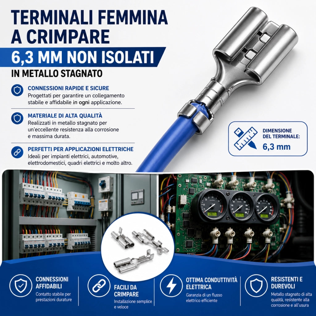 100 Terminali Capicorda Faston Femmina 6,3mm Con Linguetta A crimpare 100 Pezzi