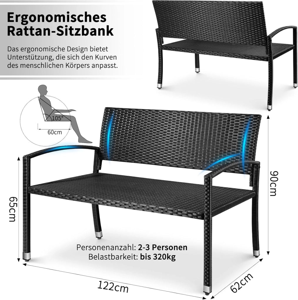 Panca da Giardino in Rattan, Panca da Balcone a 2 Posti, Resistente Alle Intemperie, Bifacciale in Rattan, Sedia da Giardino per Esterno, Terrazze e Balcone, 122x62x90 cm, Nero