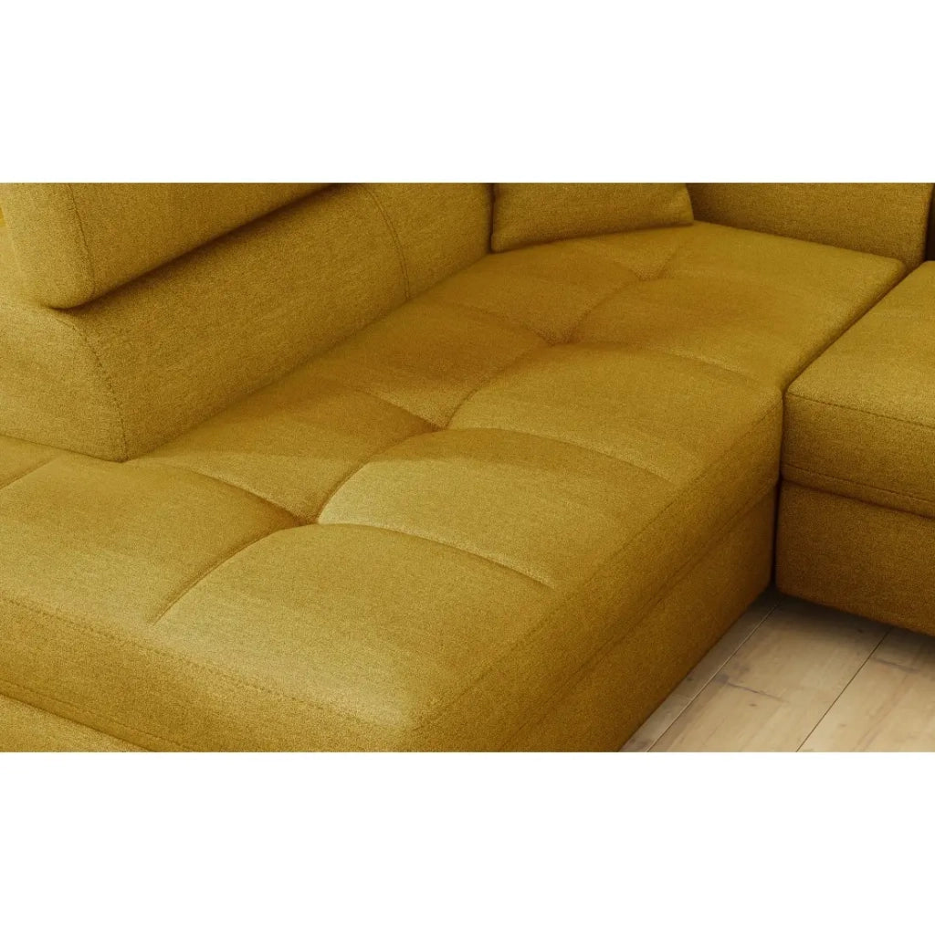 Divano angolare trasformabile MENTON giallo bouclé – Angolo sinistro con baule
