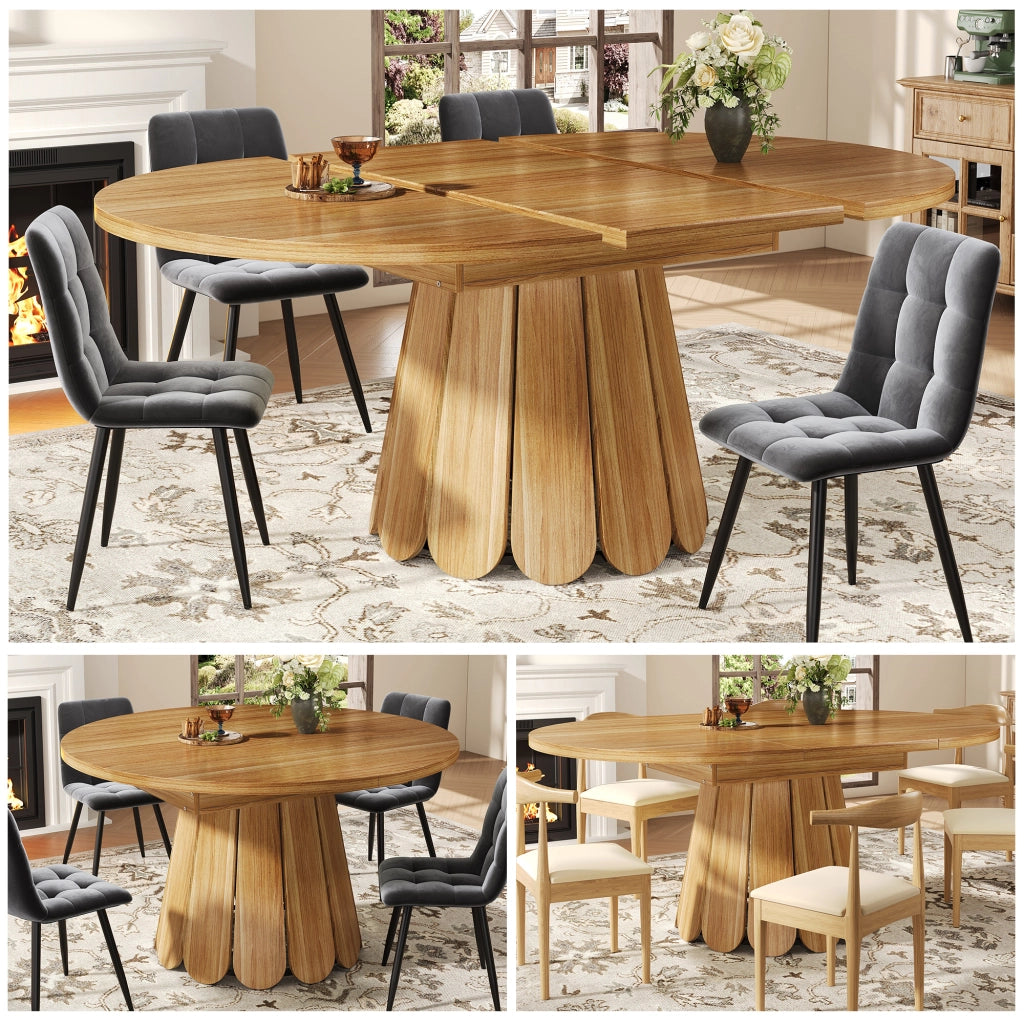 Tavolo da pranzo allungabile rotondo a ovale con piano in MDF e base in metallo per cucina soggiorno balcone marrone