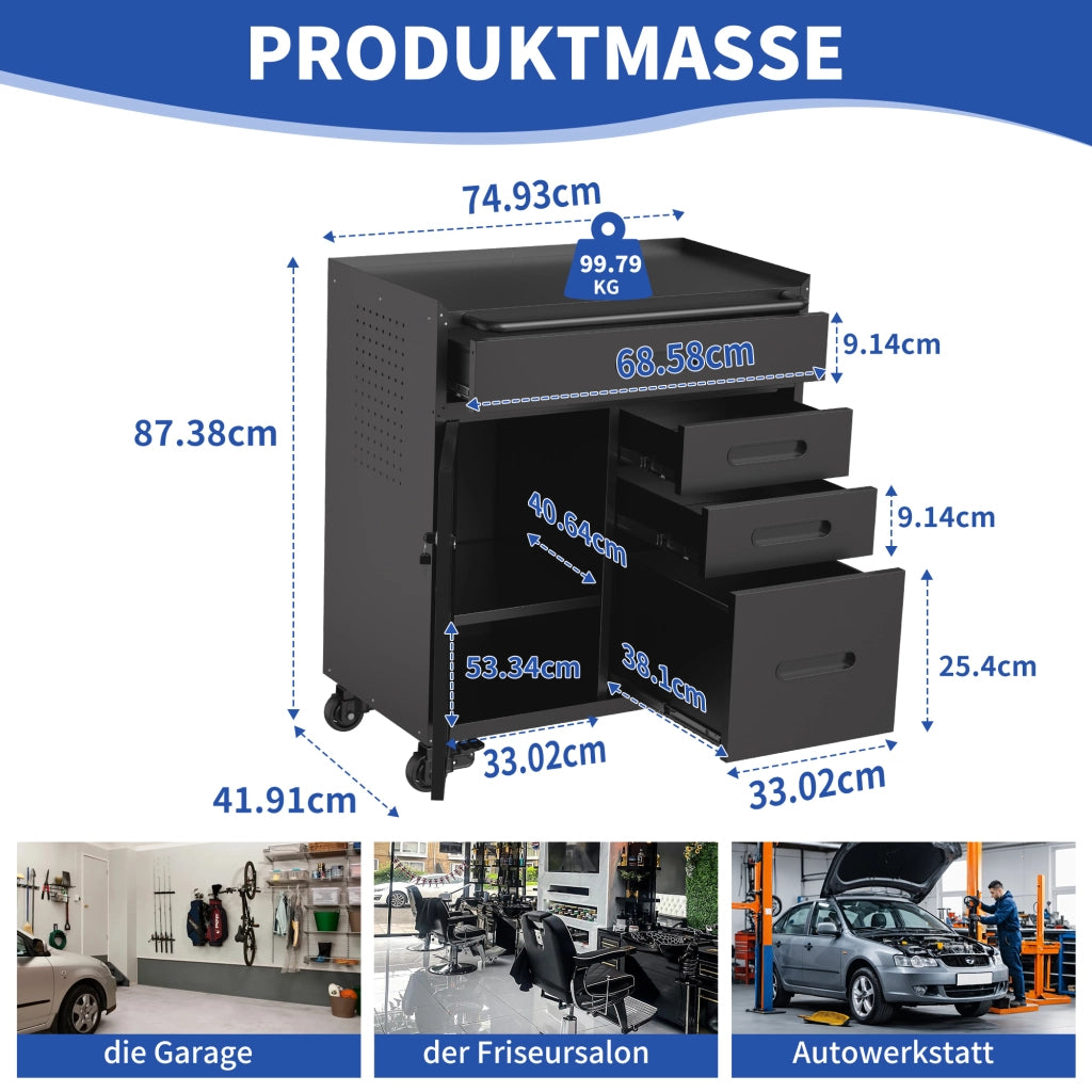 Mobile contenitore con anta chiudibile e 4 cassetti; ruote con freno per garage e officina; in metallo; 75×42×87.3 cm