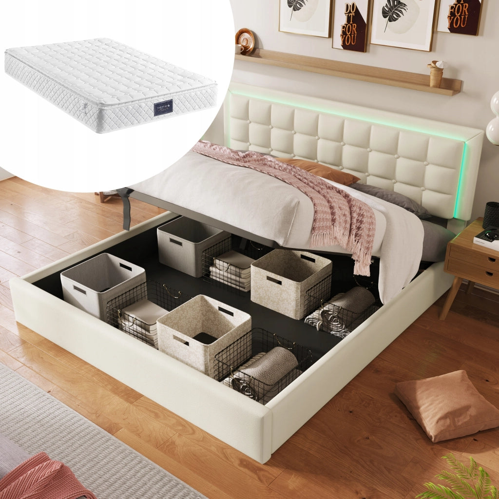 Letto imbottito con testiera in pelle e LED - Xylo - 140x200 - Bianco