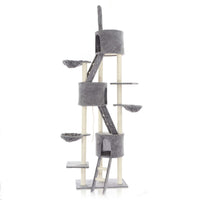 Albero tiragraffi grigio chiaro al soffitto con sisal 233-270 cm con amaca e casette per gatti