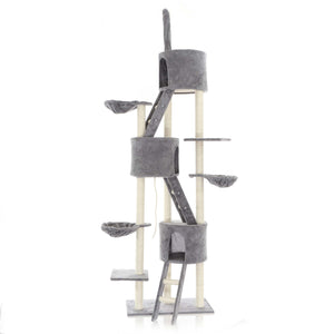 Albero tiragraffi grigio chiaro al soffitto con sisal 233-270 cm con amaca e casette per gatti