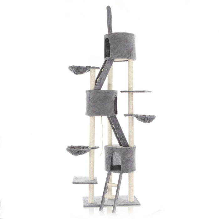 Albero tiragraffi grigio chiaro al soffitto con sisal 233-270 cm con amaca e casette per gatti