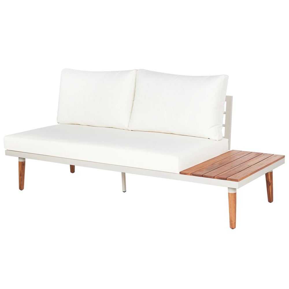 Set da giardino con divano angolare a 5 posti tavolino in legno d'acacia e cuscini bianco sporco esterno stile moderno