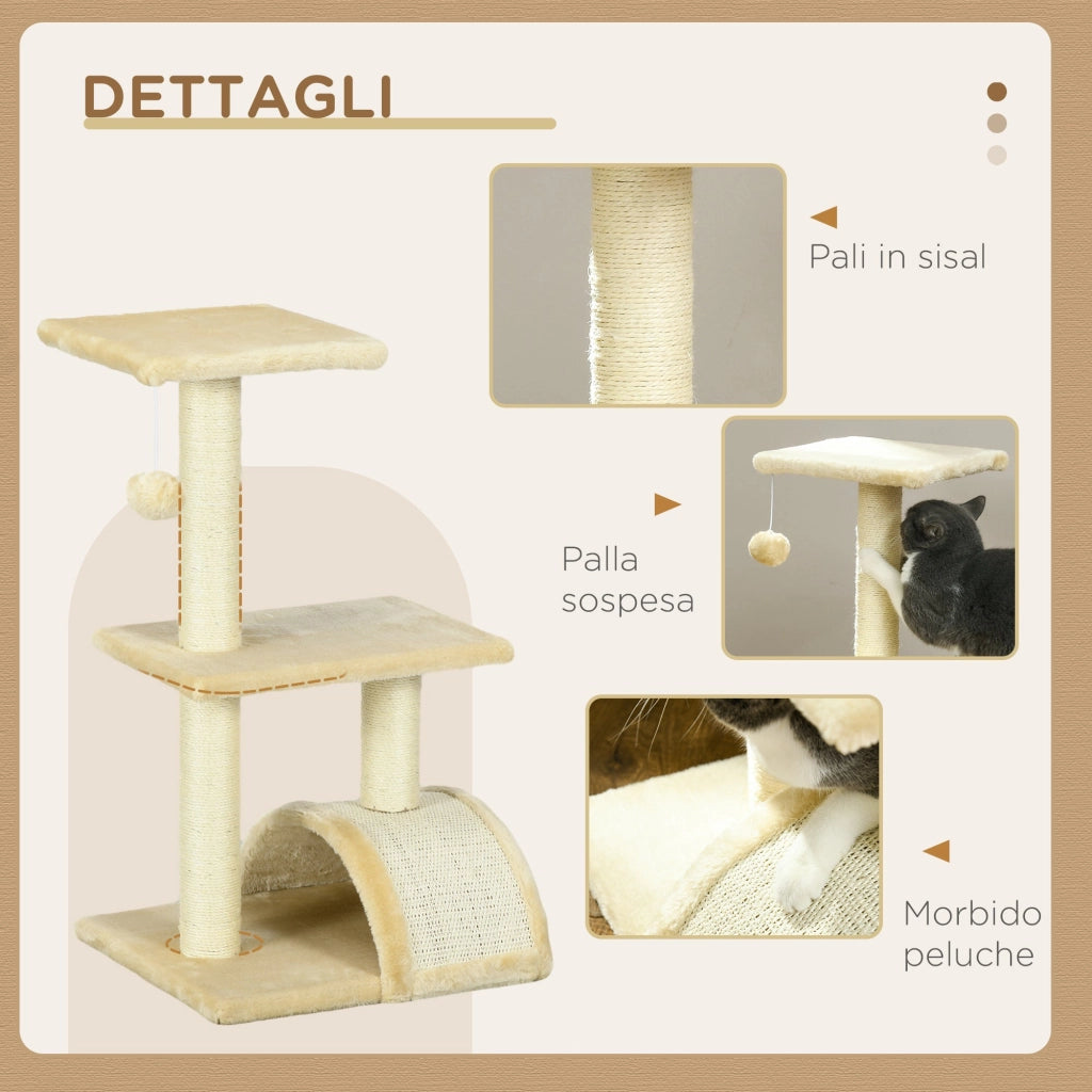 Tiragraffi per Gatti Albero a 3 Livelli 40x35x72 cm in Peluche e Sisal Crema