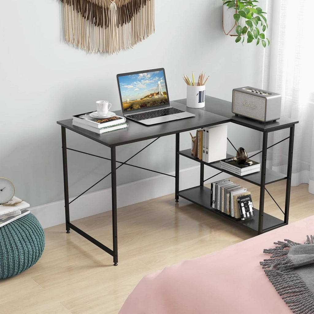 Scrivania Libreria da Ufficio a Forma di L, Scrivania ad Angolo con Scaffale a 2 Ripiani, Design Industriale con Ripiani Reversibili, per Casa, Ufficio, Soggiorno (Nero)
