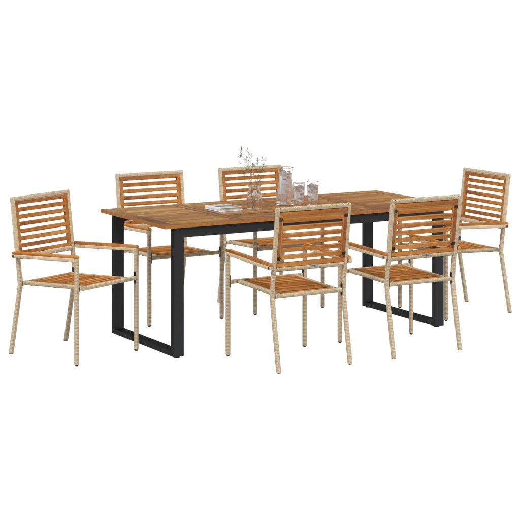 Set Pranzo Giardino  7 Pezzi Beige Polyrattan Acacia