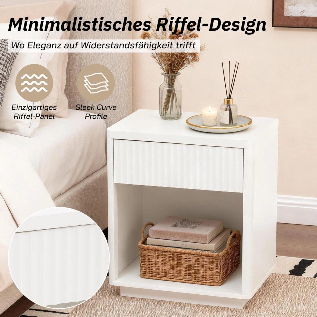 Comodino bianco in MDF con cassetto e ripiano aperto