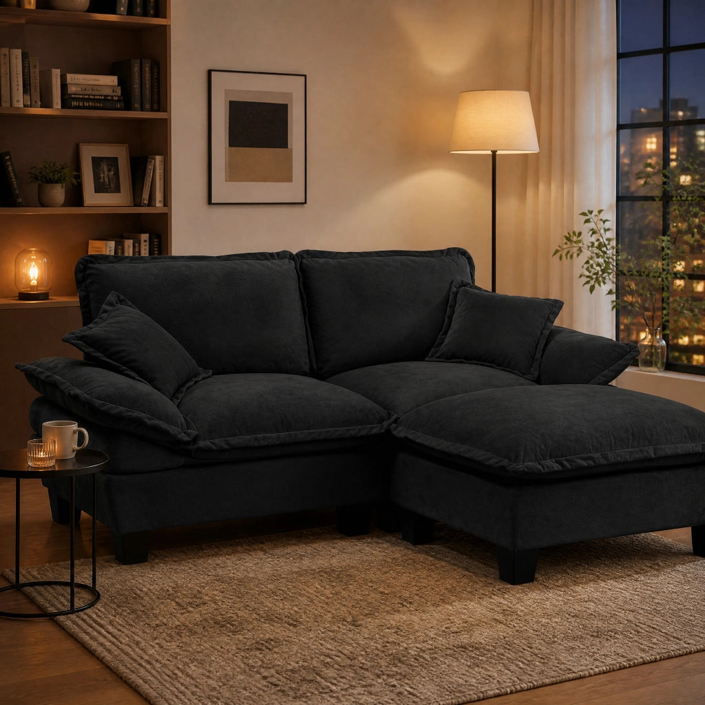 Divano angolare modulare con ottomana mobile e 2 cuscini in ciniglia nera per soggiorno 194 × 151 × 90 cm
