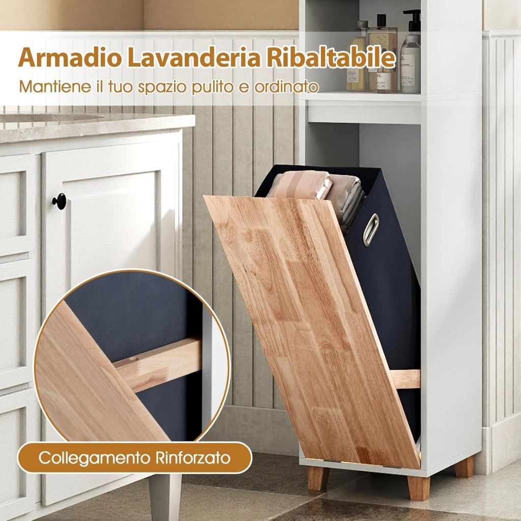 Mobile da Bagno, Armadio Salvaspazio per Biancheria con Cestello Inclinabile, Ante in Legno in Gomma, 3 Ripiani e Cesta Porta Biancheria Rimovibile, Ideale per Soggiorno e Cucina