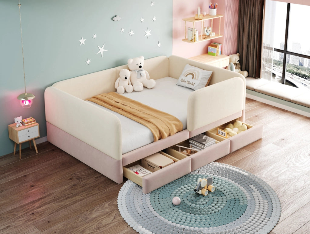 Letto imbottito per bambini 140 x 200 cm beige e rosa con cassetti