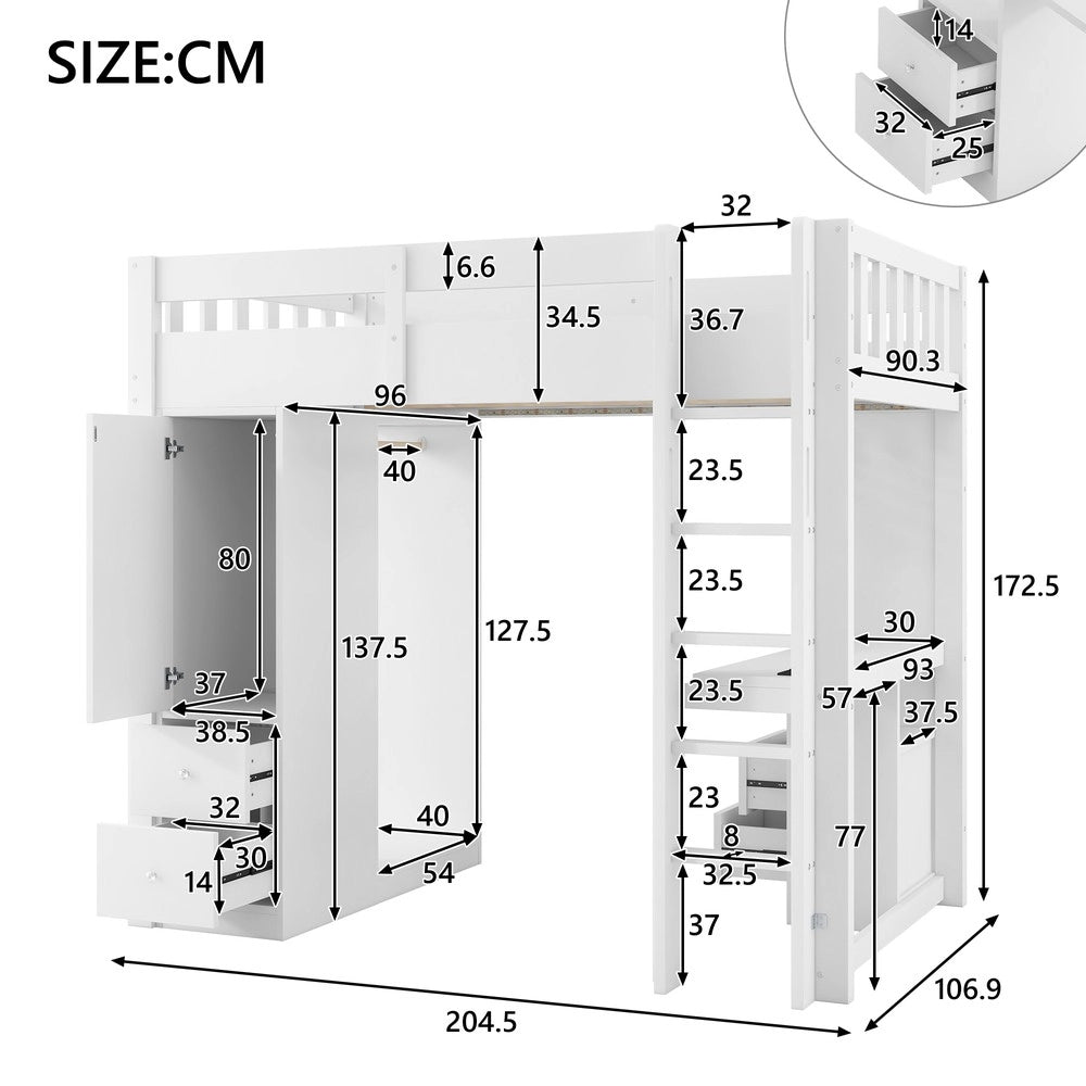 Letto a Soppalco con Scrivania, 4 Cassetti, Armadio, LED e USB ¨C MINIMAL ¨C Bianco 90x200