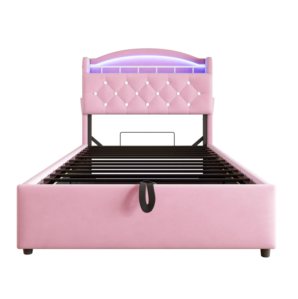 Letto imbottito per bambini con contenitore; LED; 3 USB e Type-C; per materasso 90x200 cm; rosa