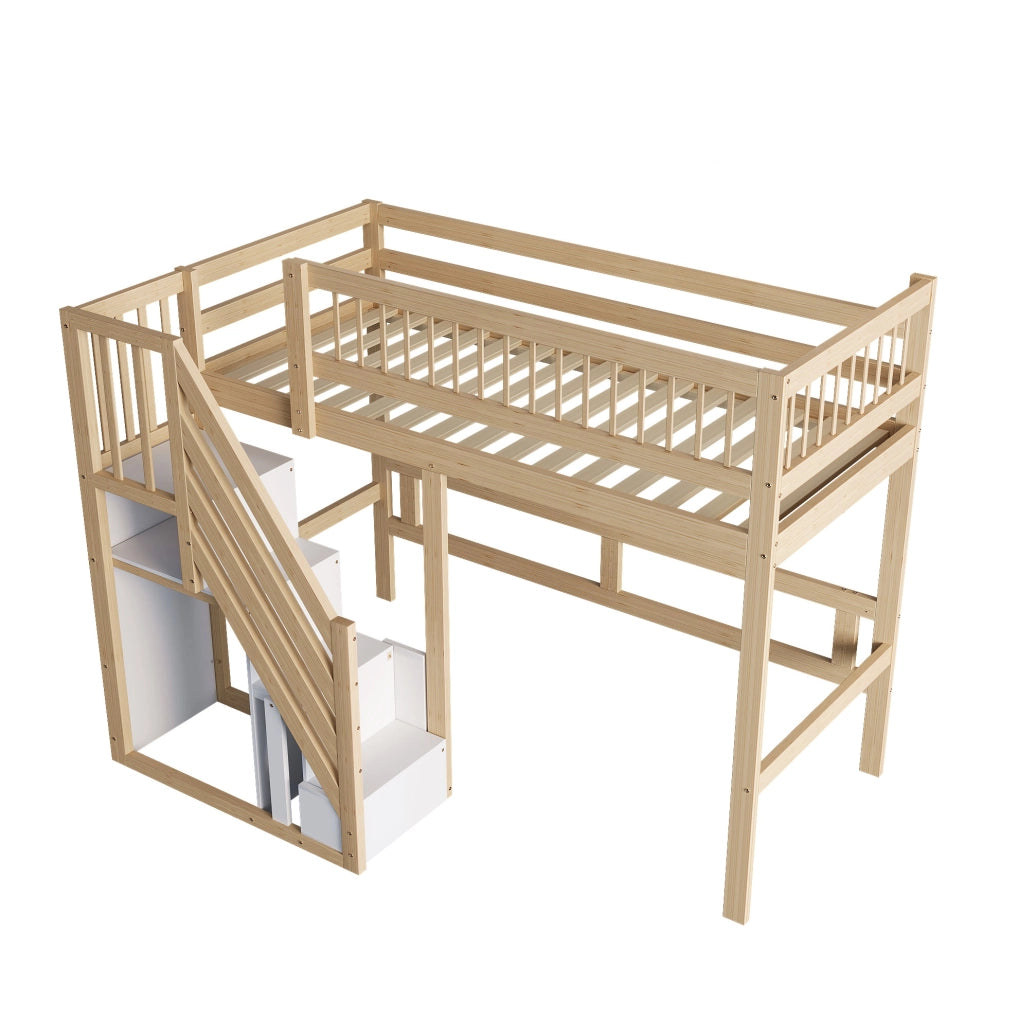 Letto a soppalco 90x200 cm con scala contenitore in legno colore naturale
