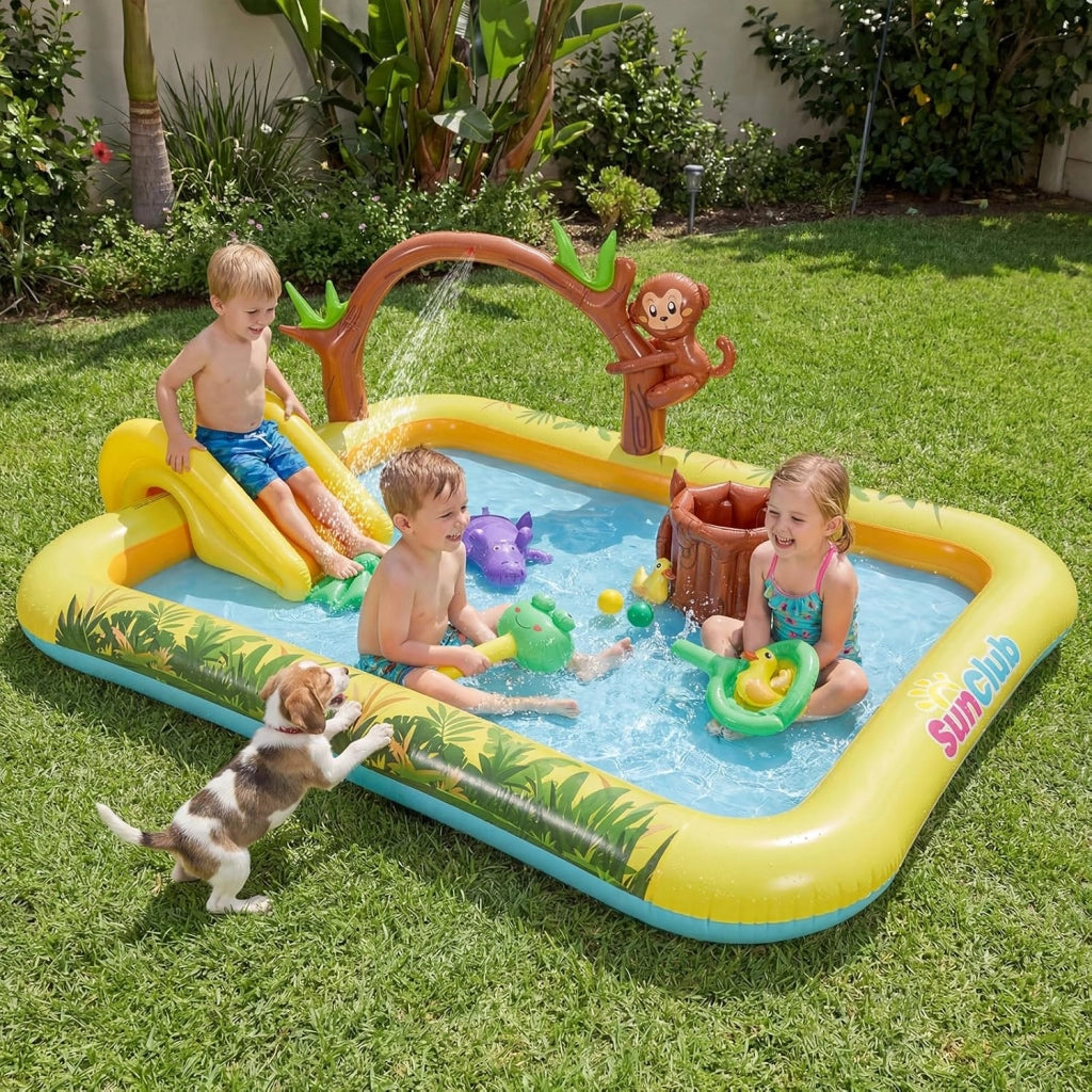 Piscina Gonfiabile per Bambini, Piscinetta per Bambini a Tema Giungla con Scivolo, Palline e Giocattoli a Forma di Animali, Parco Giochi da Esterno per Giardino e Cortile, per 2-6 Anni