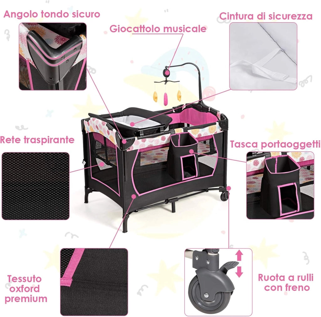 3 in 1 Lettino da Campeggio per Bambini, Culla per Neonati con Materasso Pieghevole, Fasciatoio, Giocattoli e Ruote, Box per Bambini 0-36 Mesi, 107 x 72 x 119 cm (Rosa)