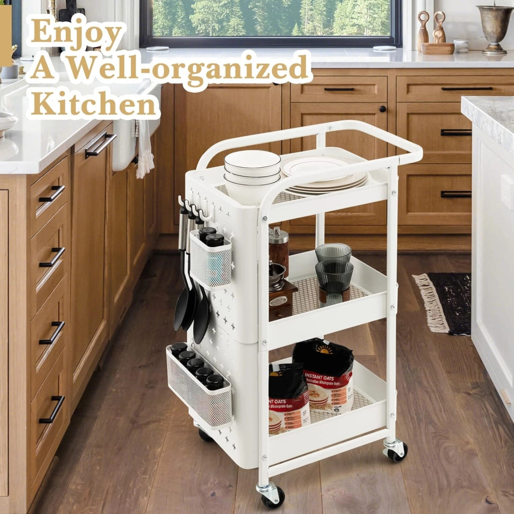 Carrello Mobile in Metallo a 3 Livelli, Carrello con Bordo di Pin, Cestini di Stoccaggio, Ganci, Carrello di Servizio con 4 Ruote, per Cucina, Bagno, Ufficio, 52x33x75cm
