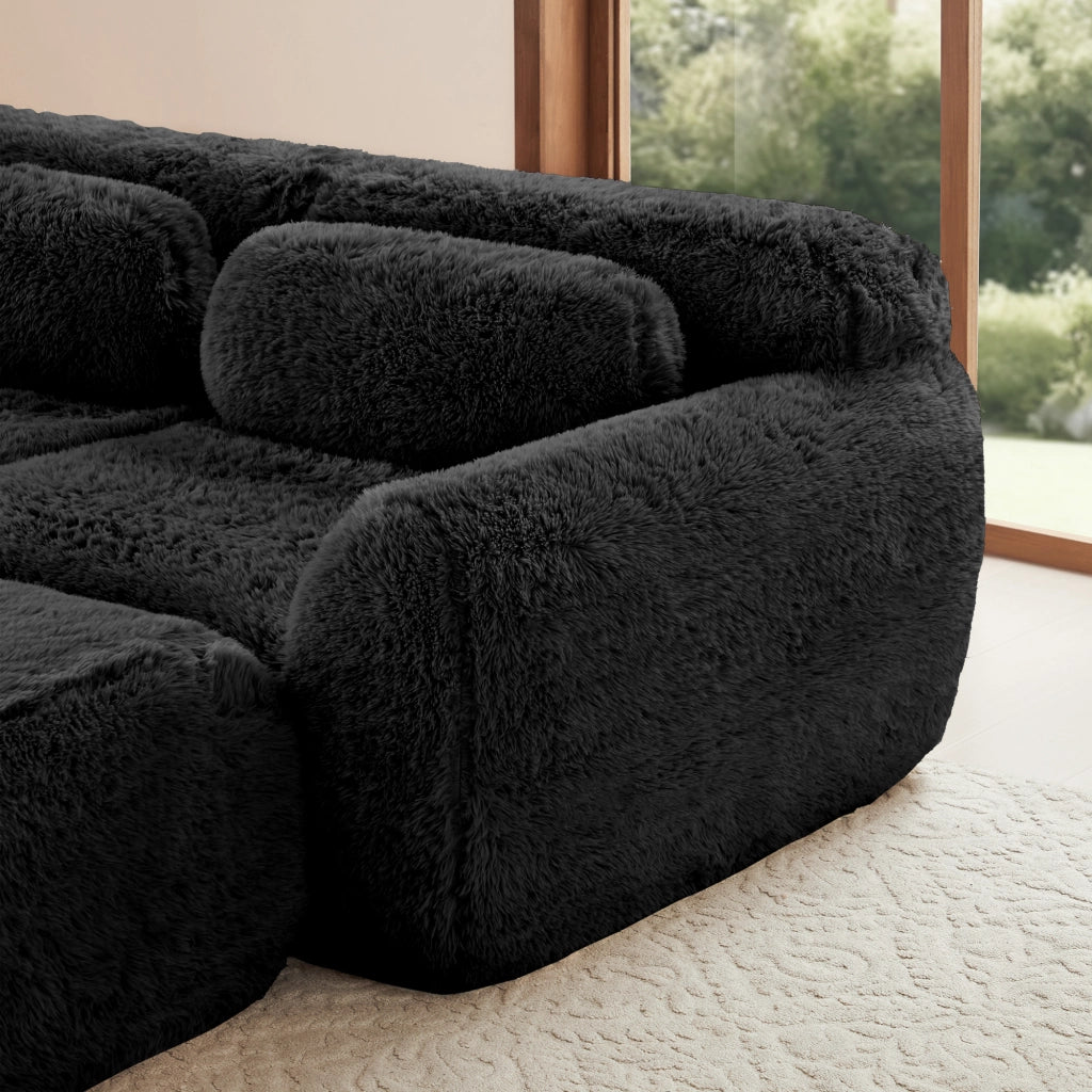 Divano Modulare a U con Configurazione Libera, Senza Montaggio, Base Antiscivolo e Cuscini, in Peluche Nero