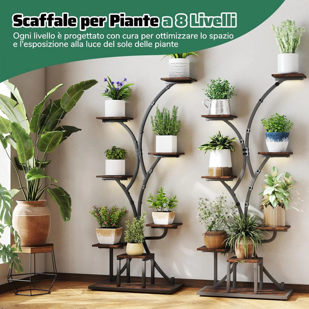 Scaffale per Piante da Interno ed Esterno, Porta Piante con Luci di Crescita, 8 Ripiani in Metallo ad Angolo, Porta Vasi per Balcone, Giardino e Soggiorno, 67 x 30 x 146 cm (1)