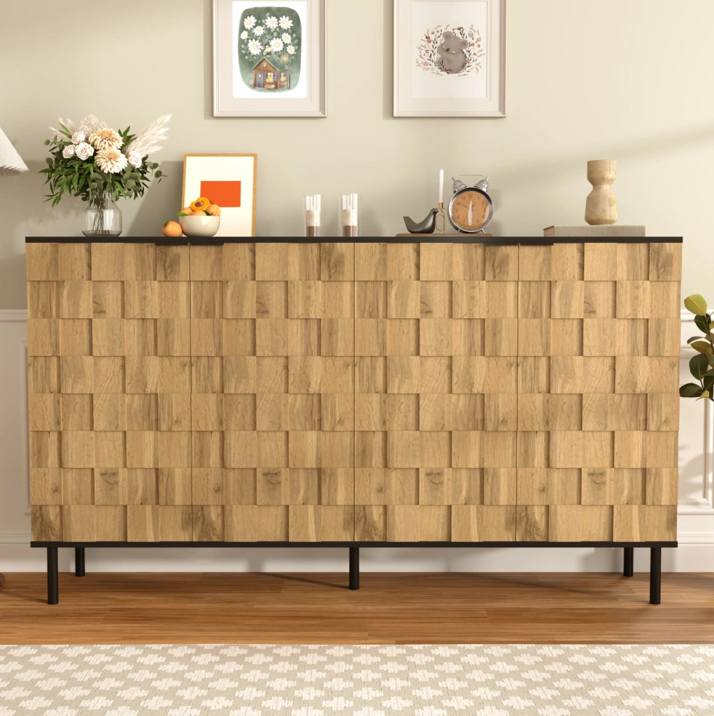 Sideboard 160x35x80.5 cm con 2 ante a mosaico e ripiano fisso in truciolare naturale e nero