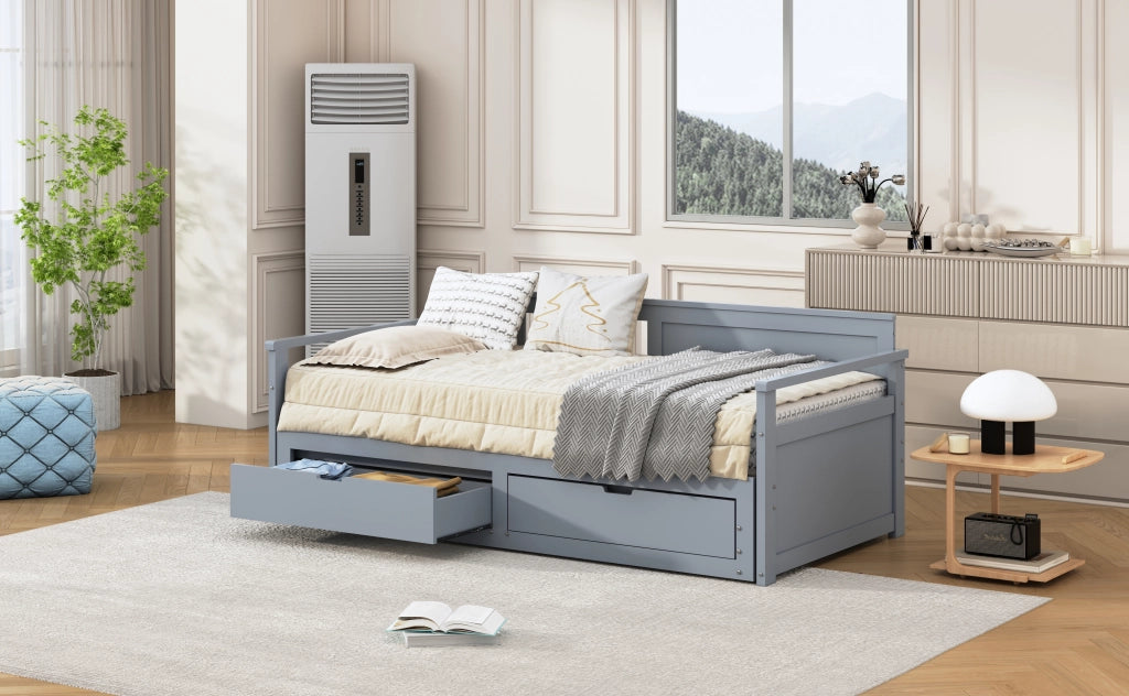 DESMIU Divano letto 90 × 190 cm e 180 × 190 cm con cassetti, letto estraibile, senza materasso, grigio