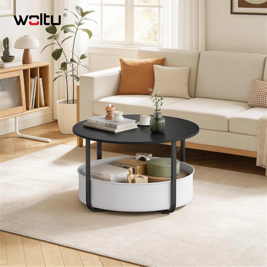 Tavolino da Salotto Rotondo Ø 80 cm con Cestino Portaoggetti in Tela e Struttura in Metallo, Tavolino da Caffè per Soggiorno, Stile Moderno, Nero+Grigio