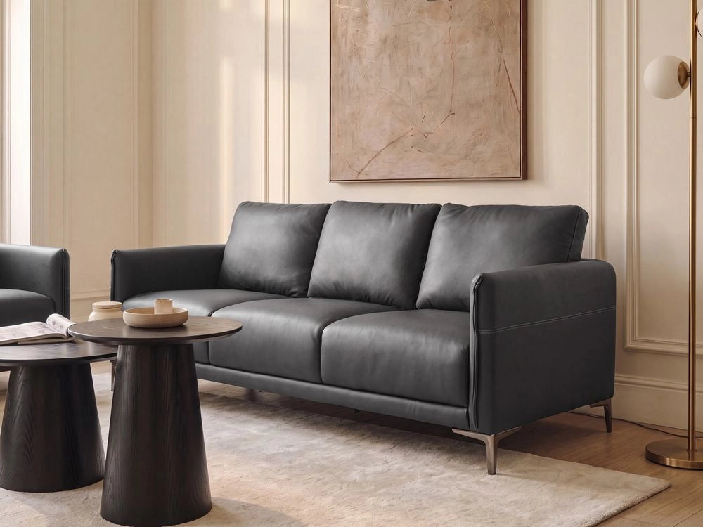 Divano 3 posti nero imbottito in tessuto con gambe in metallo stile moderno minimalista
