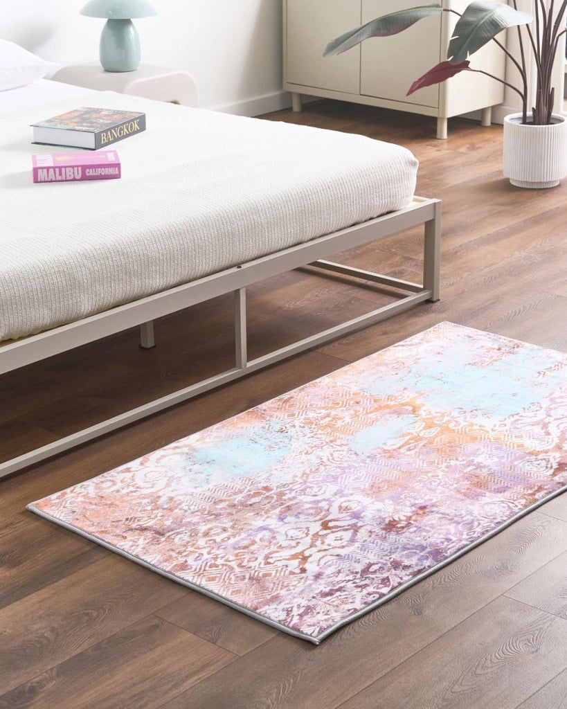 Tappeto multicolore in poliestere 80 x 150 cm, tessuto a trama piatta, stile orientale boho con vivaci motivi stampati
